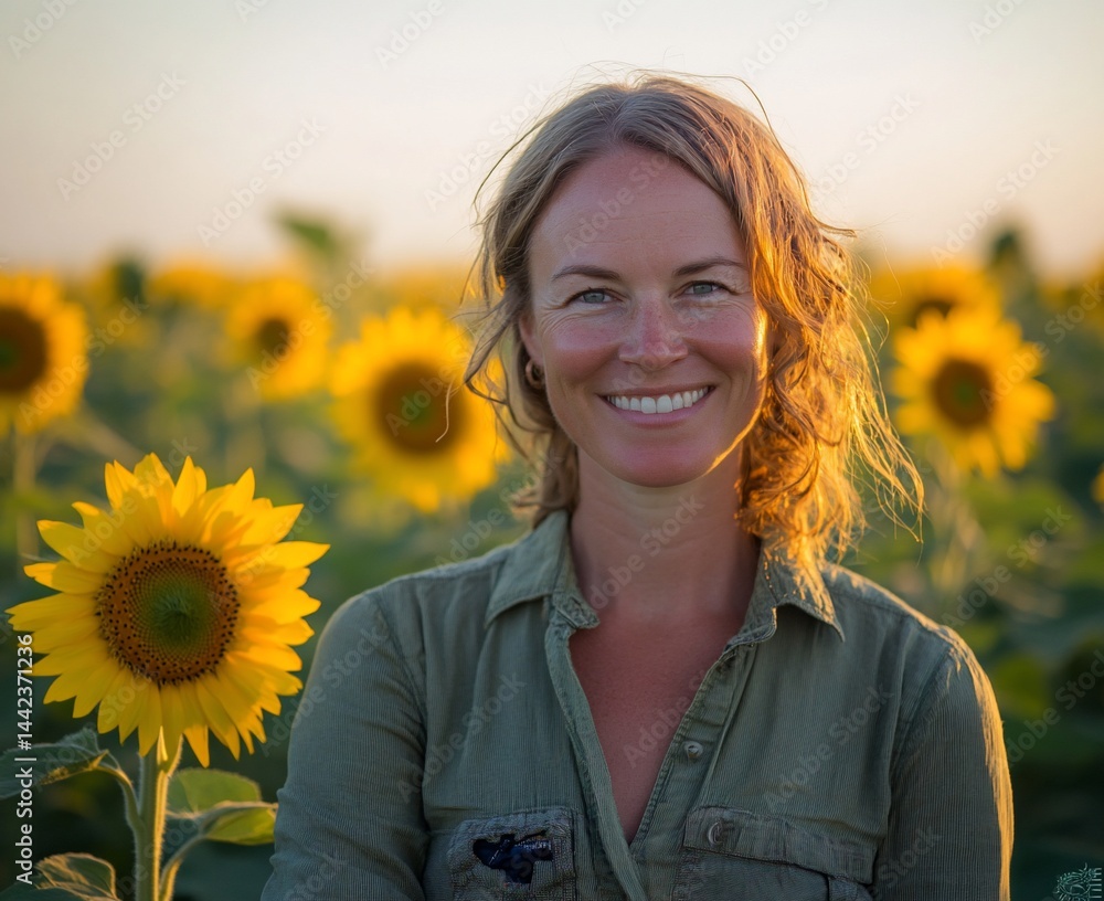 Happy woman smiling in a sunflower field at sunset.