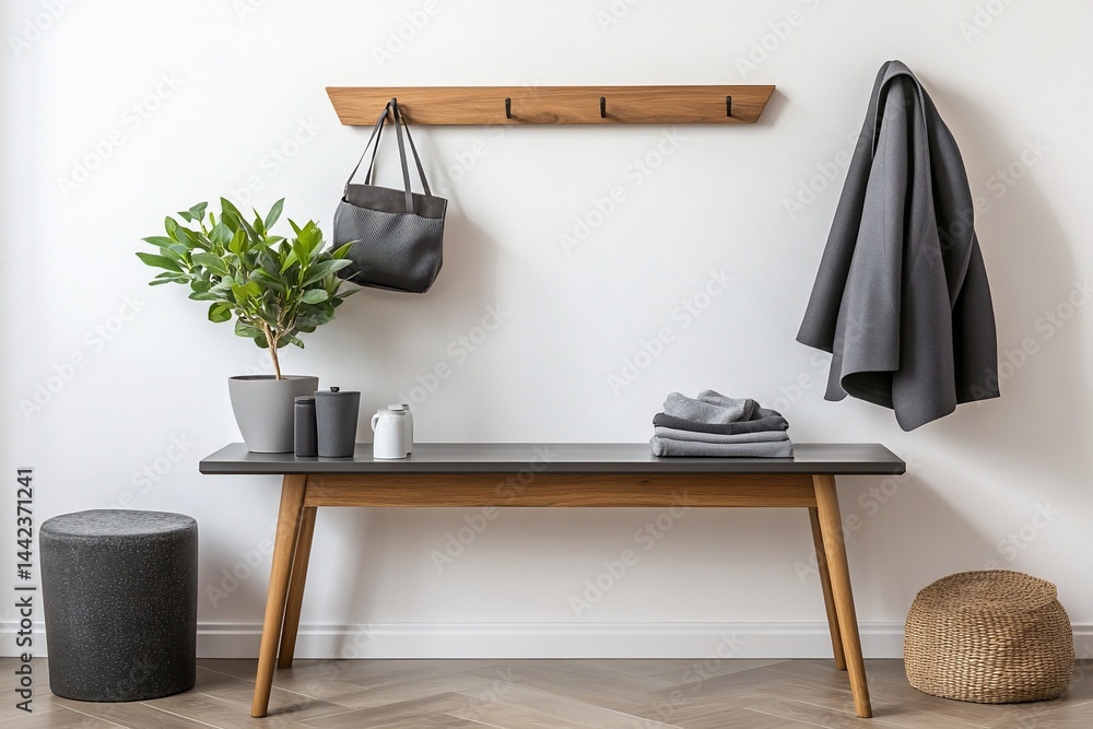 Minimalist hallway interior with bench, coat, bag, plant, and storage.