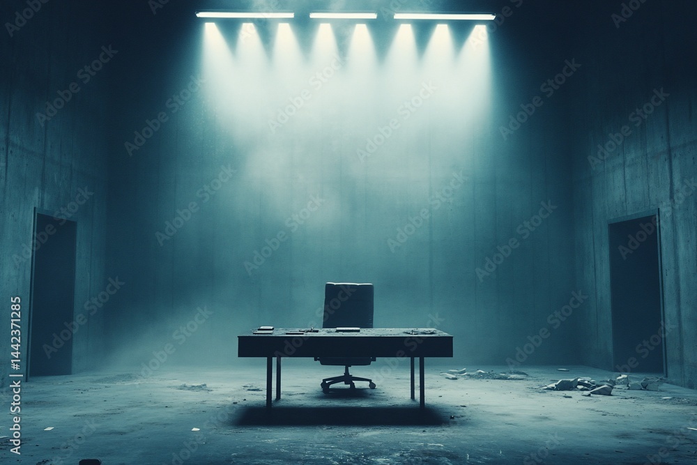 Empty, dimly lit interrogation room with a desk and chair, concrete walls, and doors.