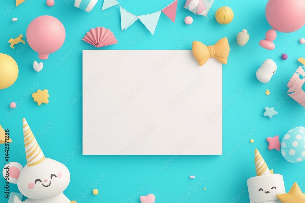 Blank card surrounded by pastel birthday party decorations and cute characters on a teal background.