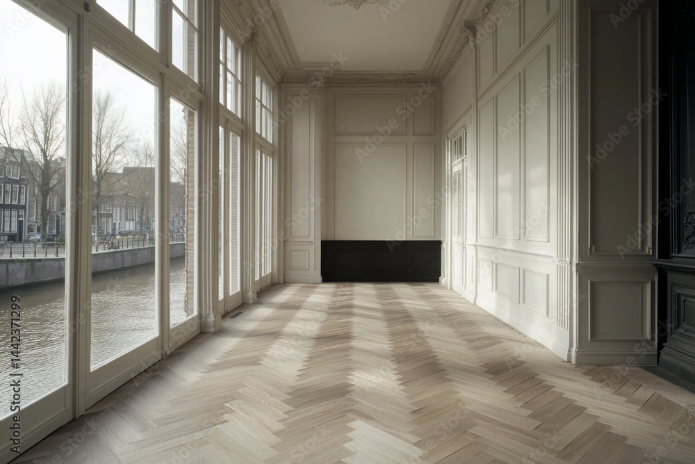 Sunlit empty room with herringbone floors, large windows overlooking canal.
