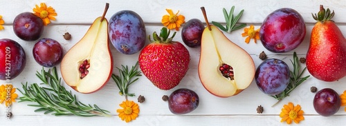 Obraz na płótnie Flat lay of plums, pears, strawberries, rosemary, and flowers on a white wooden surface. w salonie