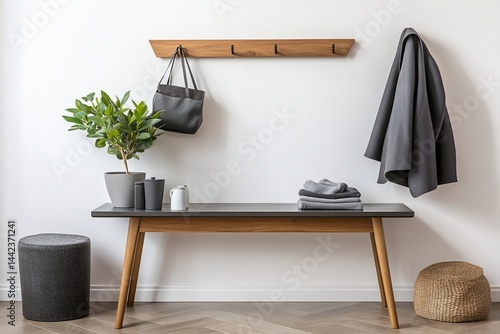 Obraz na płótnie Minimalist hallway interior with bench, coat, bag, plant, and storage. w salonie