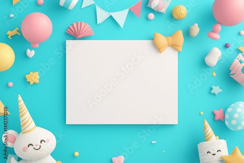 Obraz na płótnie Blank card surrounded by pastel birthday party decorations and cute characters on a teal background. w salonie