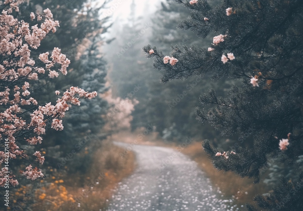 Misty forest path with blooming trees.