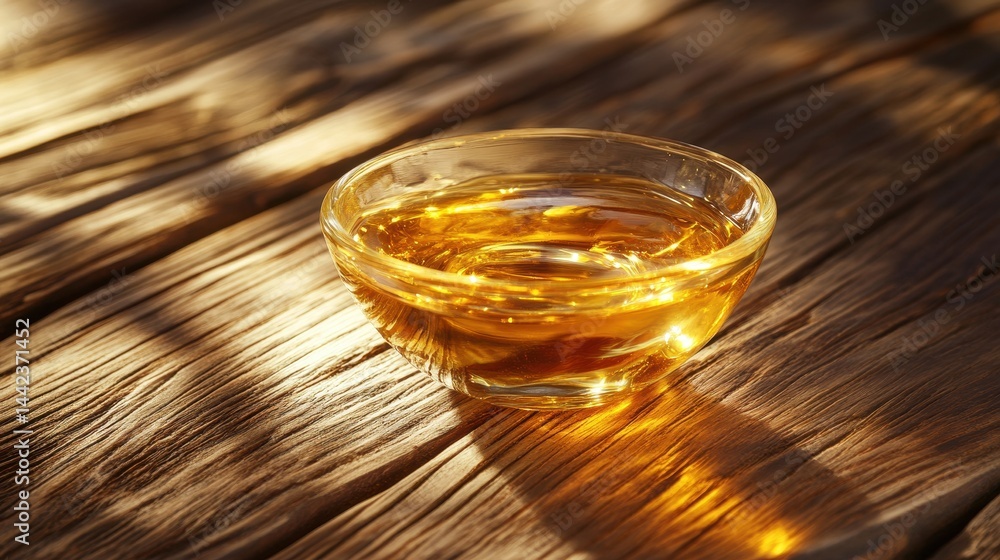 Glass Bowl of Golden Oil on Rustic Wooden Surface with Natural Lighting