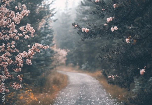 Obraz na płótnie Misty forest path with blooming trees. w salonie