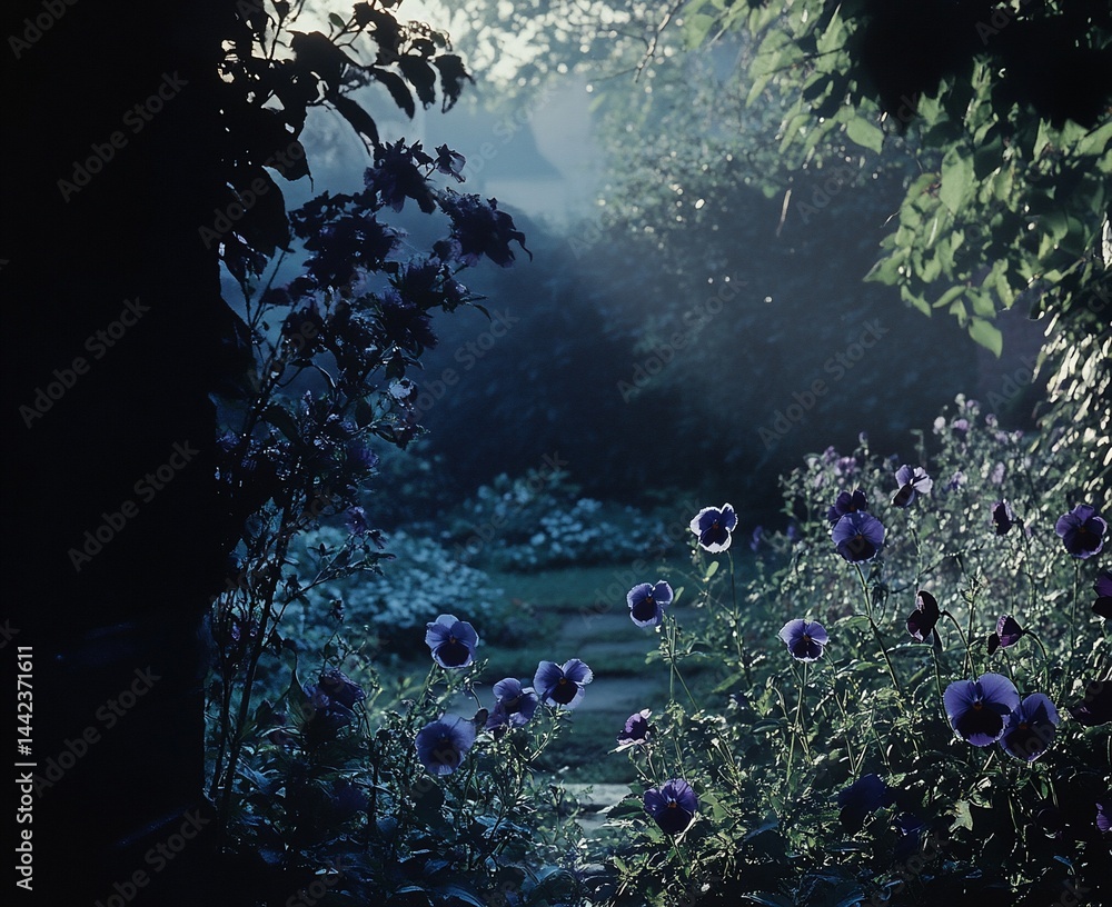 Serene garden path at dawn, purple flowers, misty atmosphere, lush foliage.