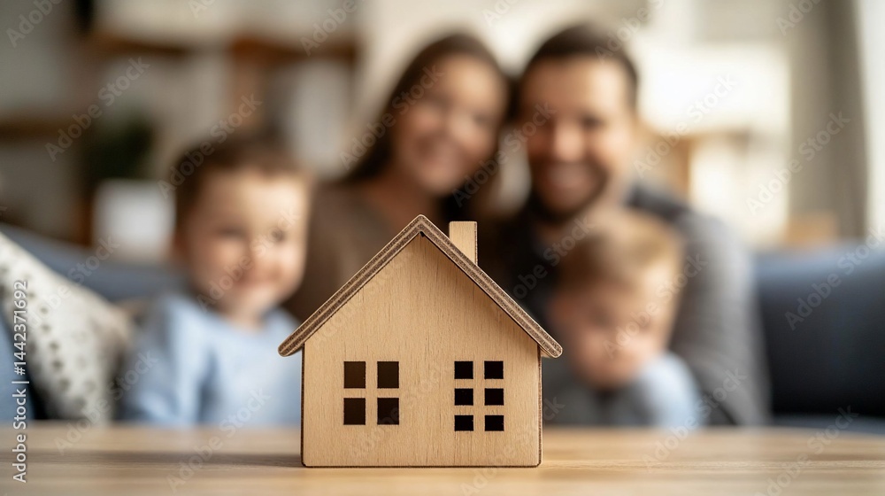 Happy family with small wooden house model.