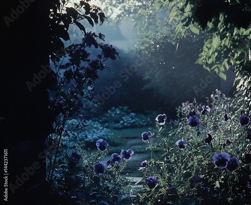 Serene garden path at dawn, purple flowers, misty atmosphere, lush foliage.