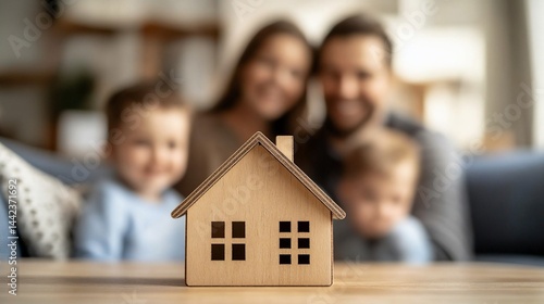 Obraz na płótnie Happy family with small wooden house model. w salonie
