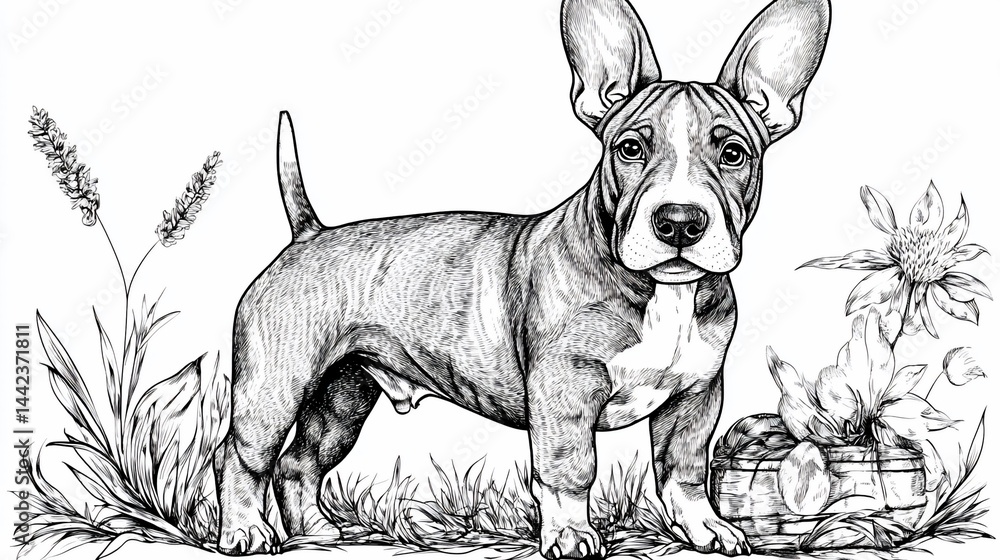 Detailed ink drawing of a short-legged dog standing in a field with flowers and a basket.