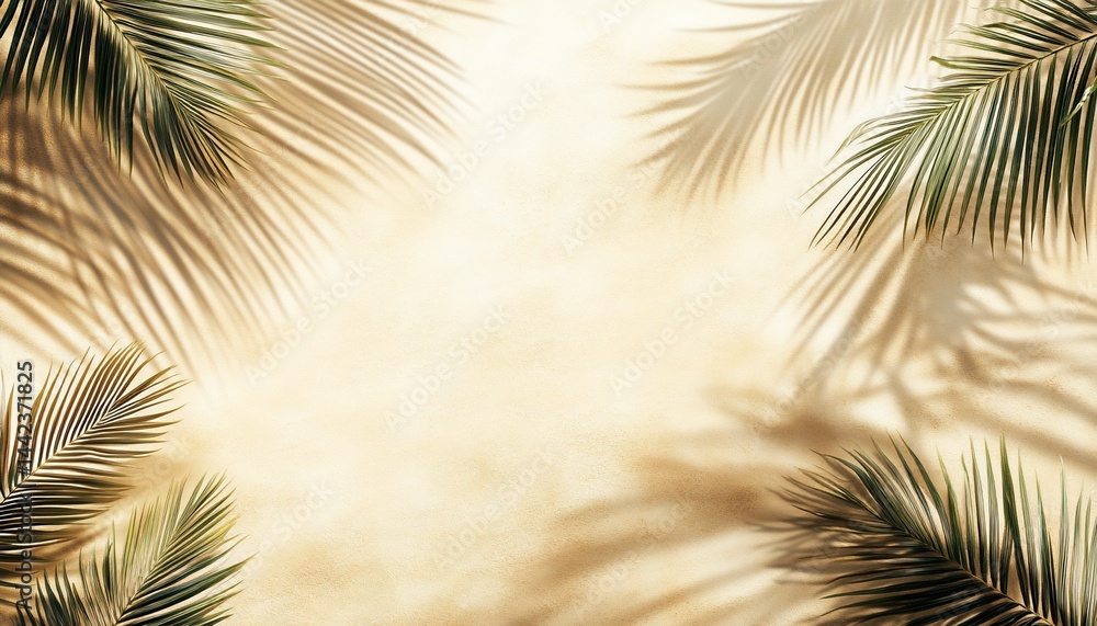 Palm leaves and shadows on beige background.