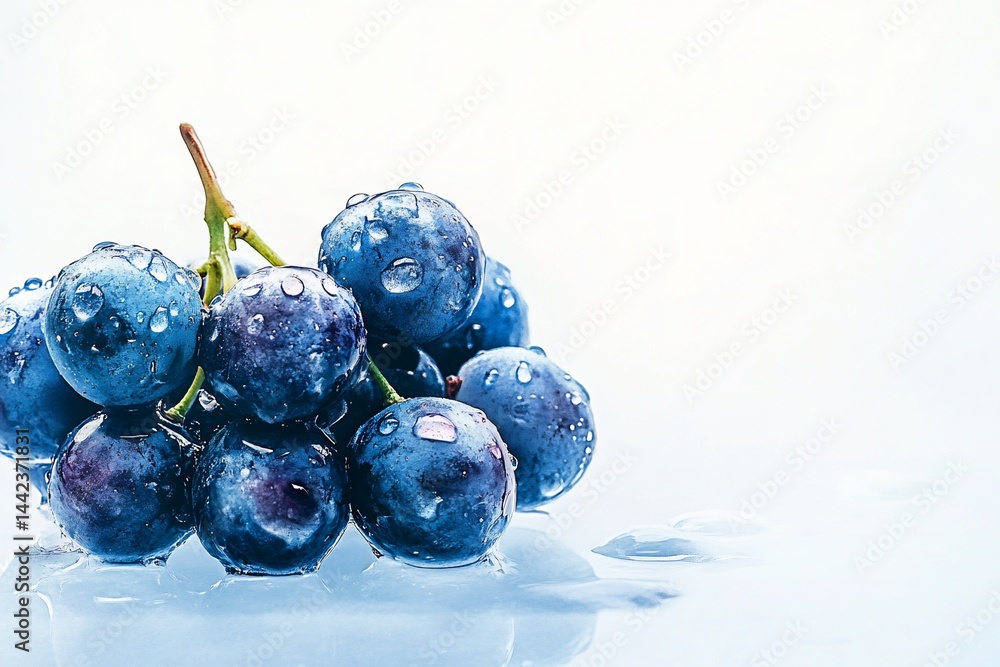 Close-up of fresh, juicy blue grapes with water droplets on a reflective surface.