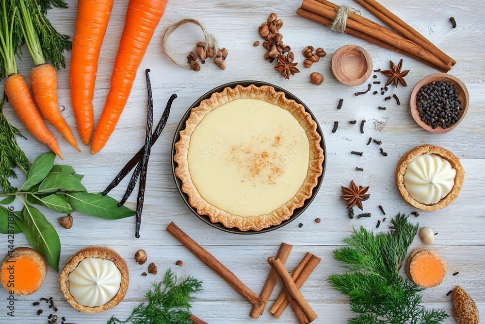 Overhead view of a creamy custard tart surrounded by carrots, vanilla beans, cinnamon sticks, star anise, cloves, and other spices on a white wooden surface.