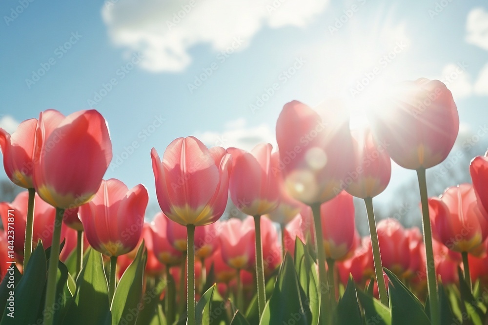 Low angle view of a field of pink tulips in bright sunlight. (1)