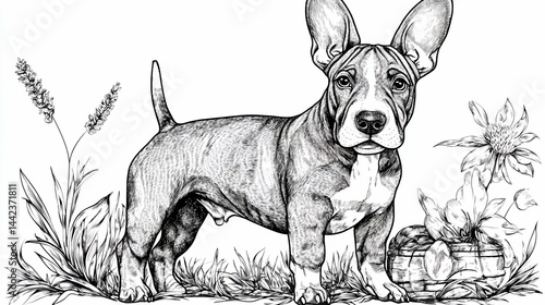 Detailed ink drawing of a short-legged dog standing in a field with flowers and a basket.