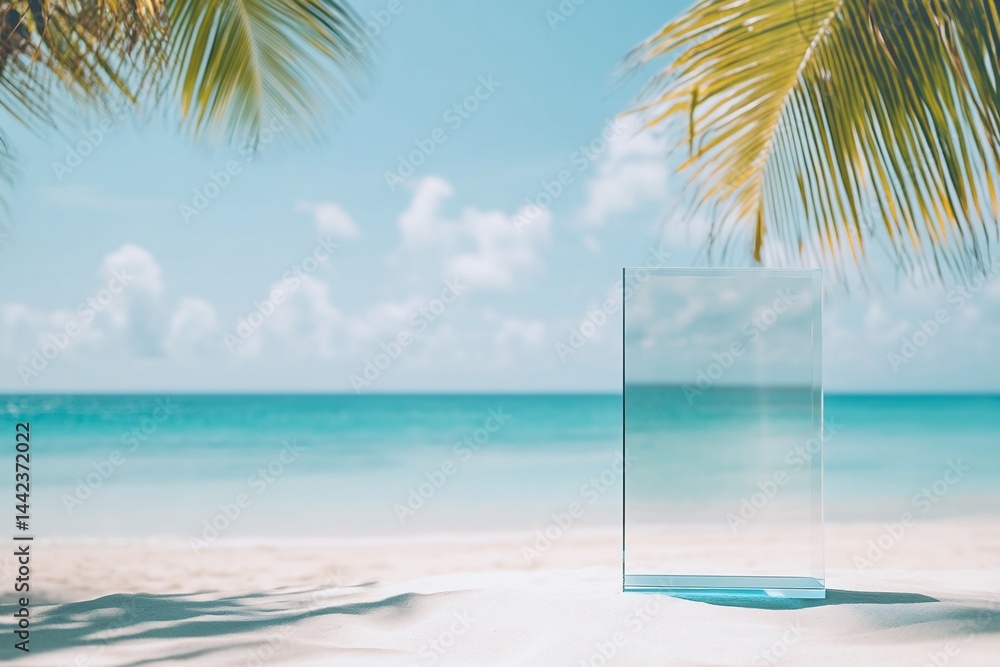 Clear glass panel on tropical beach, ocean view.