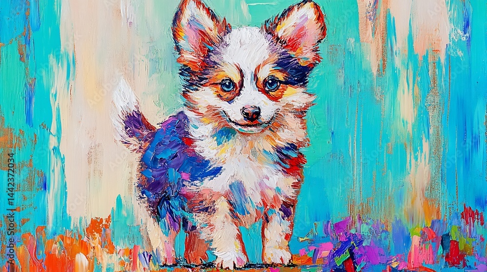 Colorful painting of a happy puppy standing in flowers.