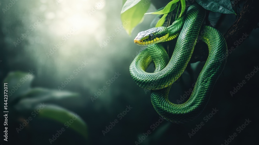 Green Snake Coiled on a Branch Surrounded by Lush Foliage