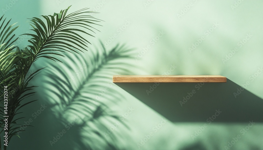 Minimalist wooden shelf against a pastel green wall with palm leaf shadows.