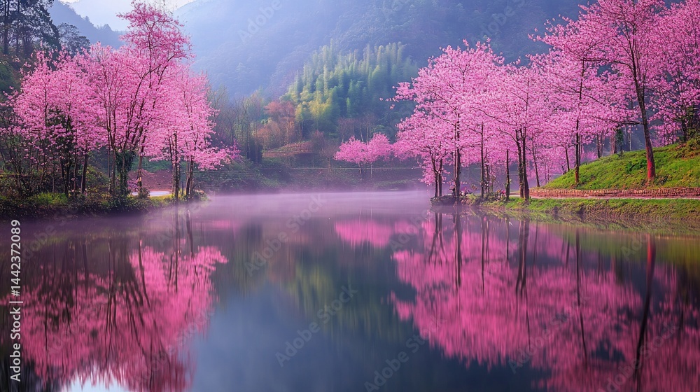 Misty lake reflecting blooming pink cherry trees on a mountainside.
