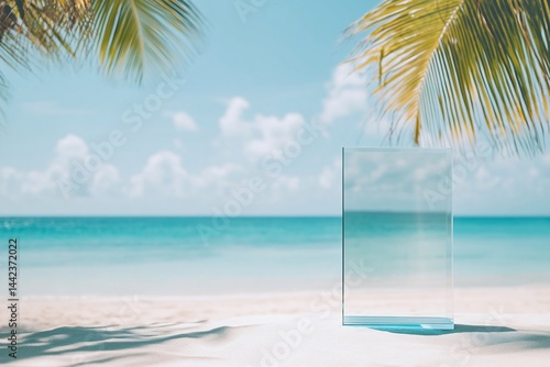 Obraz na płótnie Clear glass panel on tropical beach, ocean view. w salonie
