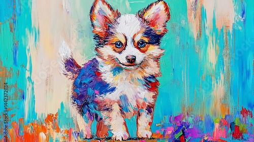 Obraz na płótnie Colorful painting of a happy puppy standing in flowers. w salonie