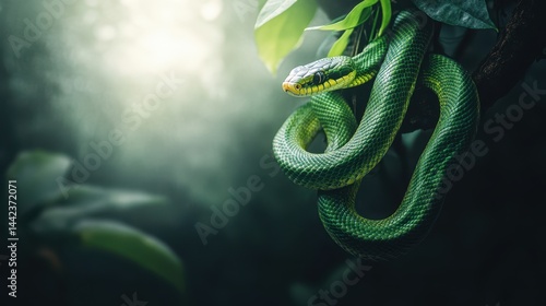 Obraz na płótnie Green Snake Coiled on a Branch Surrounded by Lush Foliage w salonie