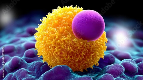 Immune system cells interacting, close-up view of a T cell attacking a cancer cell on a surface, purple and yellow hues, detailed rendering