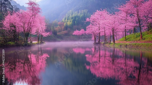 Obraz na płótnie Misty lake reflecting blooming pink cherry trees on a mountainside. w salonie