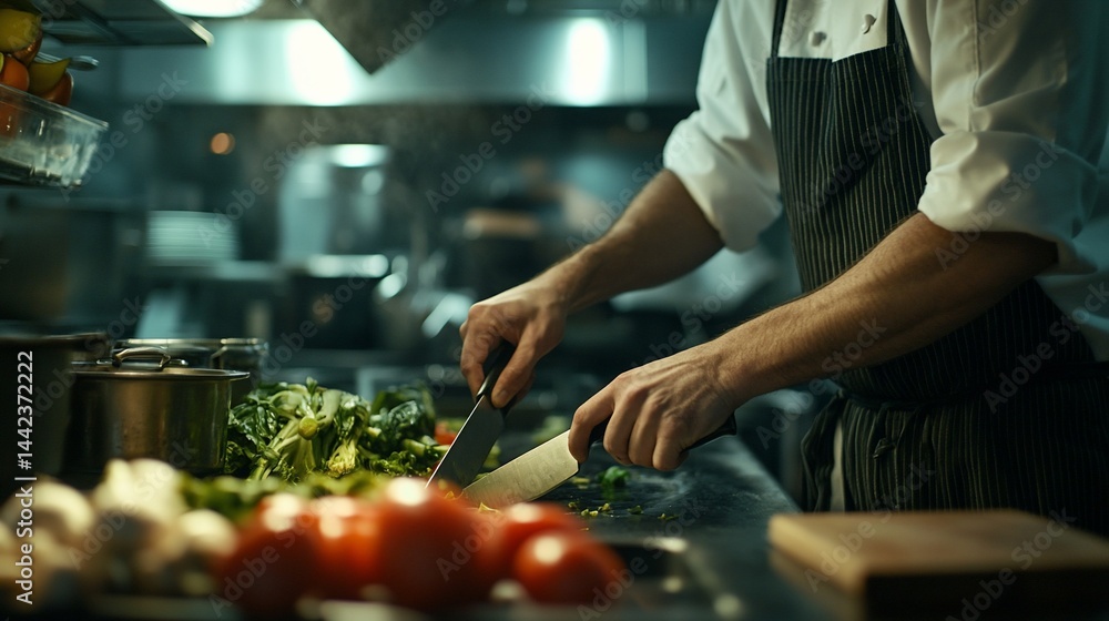 Chef expertly chopping vegetables in a professional kitchen.