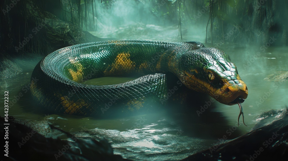 Green Snake in Jungle Environment Surrounded by Mist and Water
