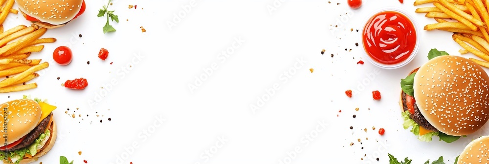 Delicious burgers, french fries, and ketchup on white background.