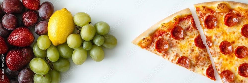 Healthy vs. unhealthy food choices fresh fruit and pizza slices.