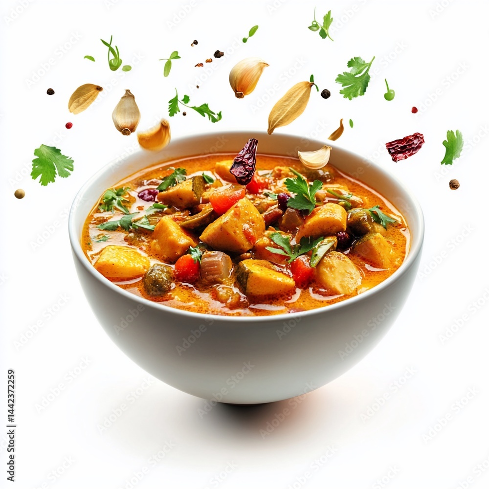 Delicious chicken curry in a bowl with spices flying around.