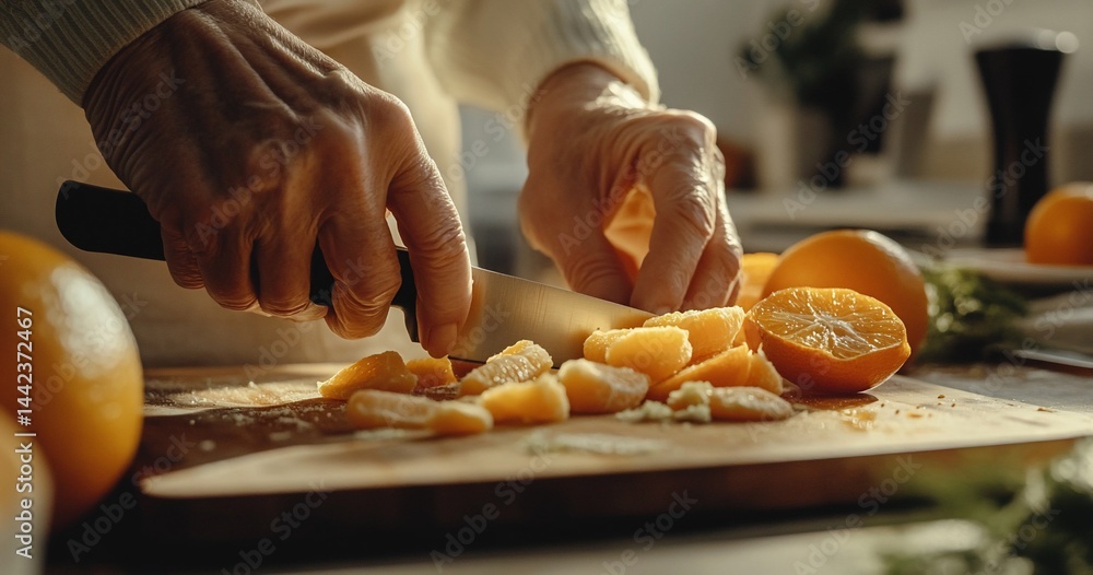 Close-up of senior woman's hands slicing oranges on wooden board in kitchen.