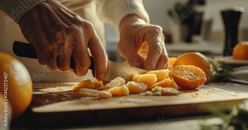 Close-up of senior woman's hands slicing oranges on wooden board in kitchen.