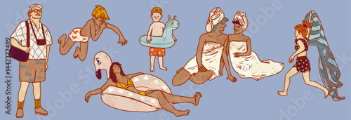 Family with children relaxing on the beach. Clipart illustration of two women, two girls, a boy and a man on a transparent isolated background. Sticker resort vacation, pool relax.