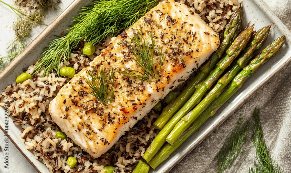 Baked fish with wild rice, asparagus, and edamame.