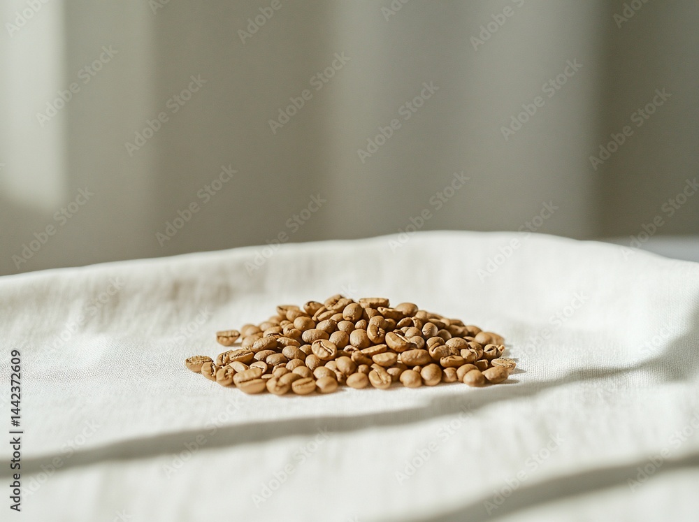 Close-up of light brown coffee beans on white fabric.