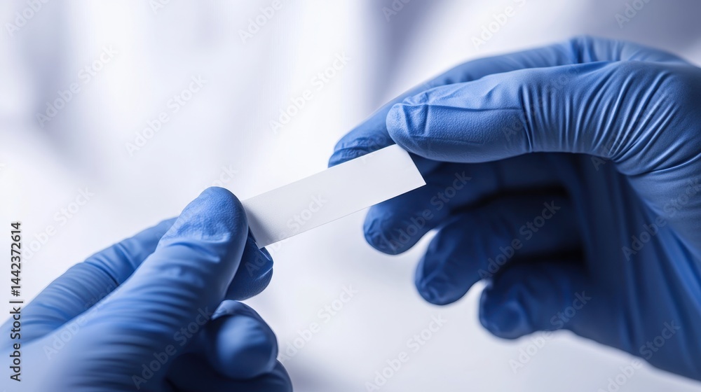 Hands in Blue Gloves Holding a Blank Label in Clinical Environment