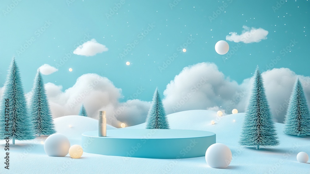 Winter wonderland scene with light blue platform, snowy hills, frosted trees, and glowing orbs.