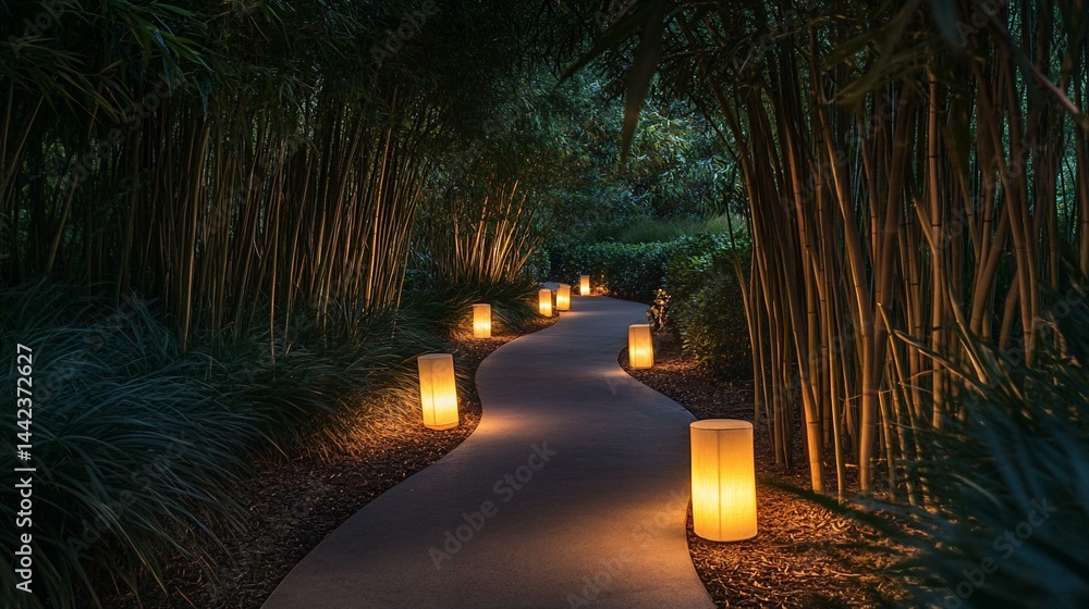 Winding path lit by lanterns through a bamboo grove at night.