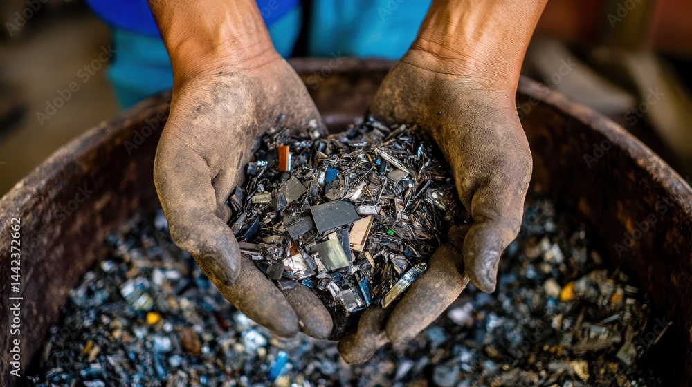 Hands Holding Recycled Metal Scrap in Industrial Setting
