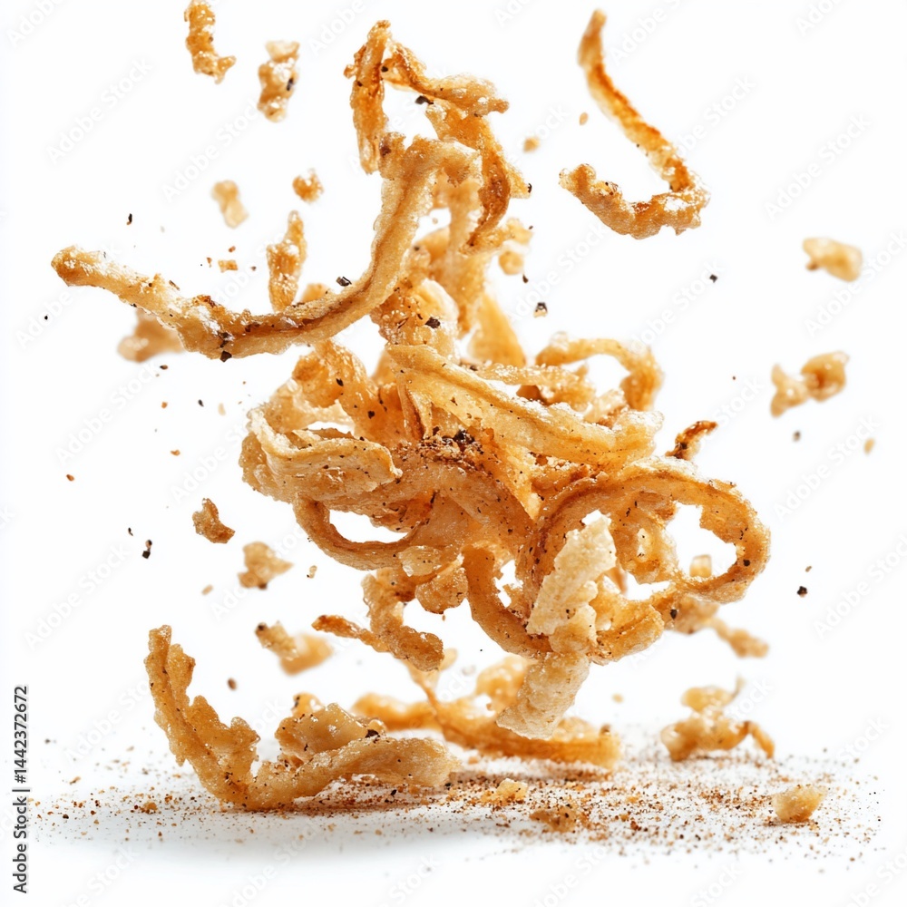 Crispy fried onion strings in mid-air, seasoned with pepper, against white background.
