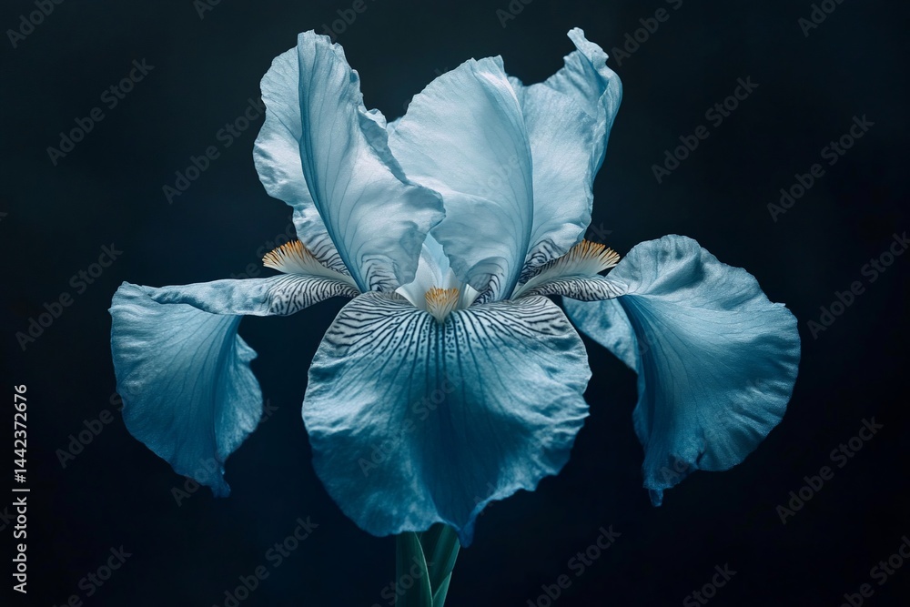 Close-up of a single, light-blue iris flower against a dark background.
