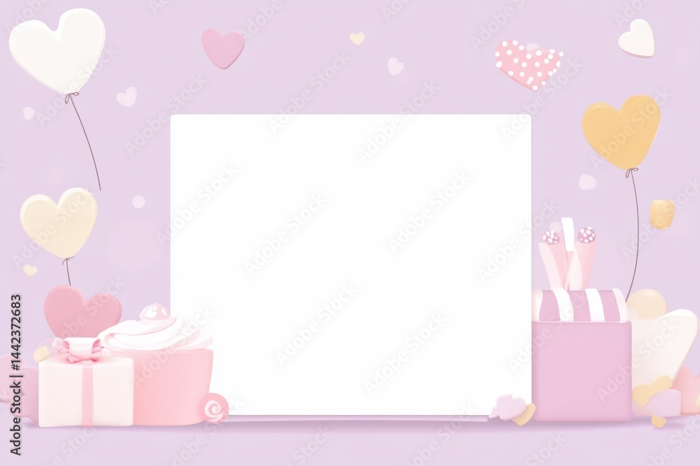 Blank card surrounded by pastel hearts, balloons, gifts, and cupcakes on a purple background.