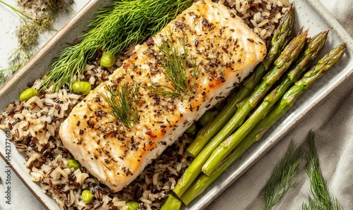 Obraz na płótnie Baked fish with wild rice, asparagus, and edamame. w salonie