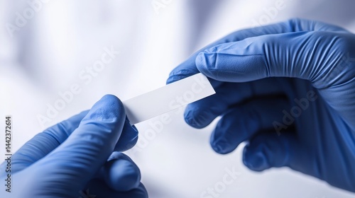 Obraz na płótnie Hands in Blue Gloves Holding a Blank Label in Clinical Environment w salonie